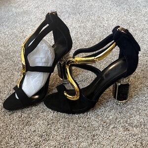 FSJ Black and Gold Heels with Embellished Block Heel